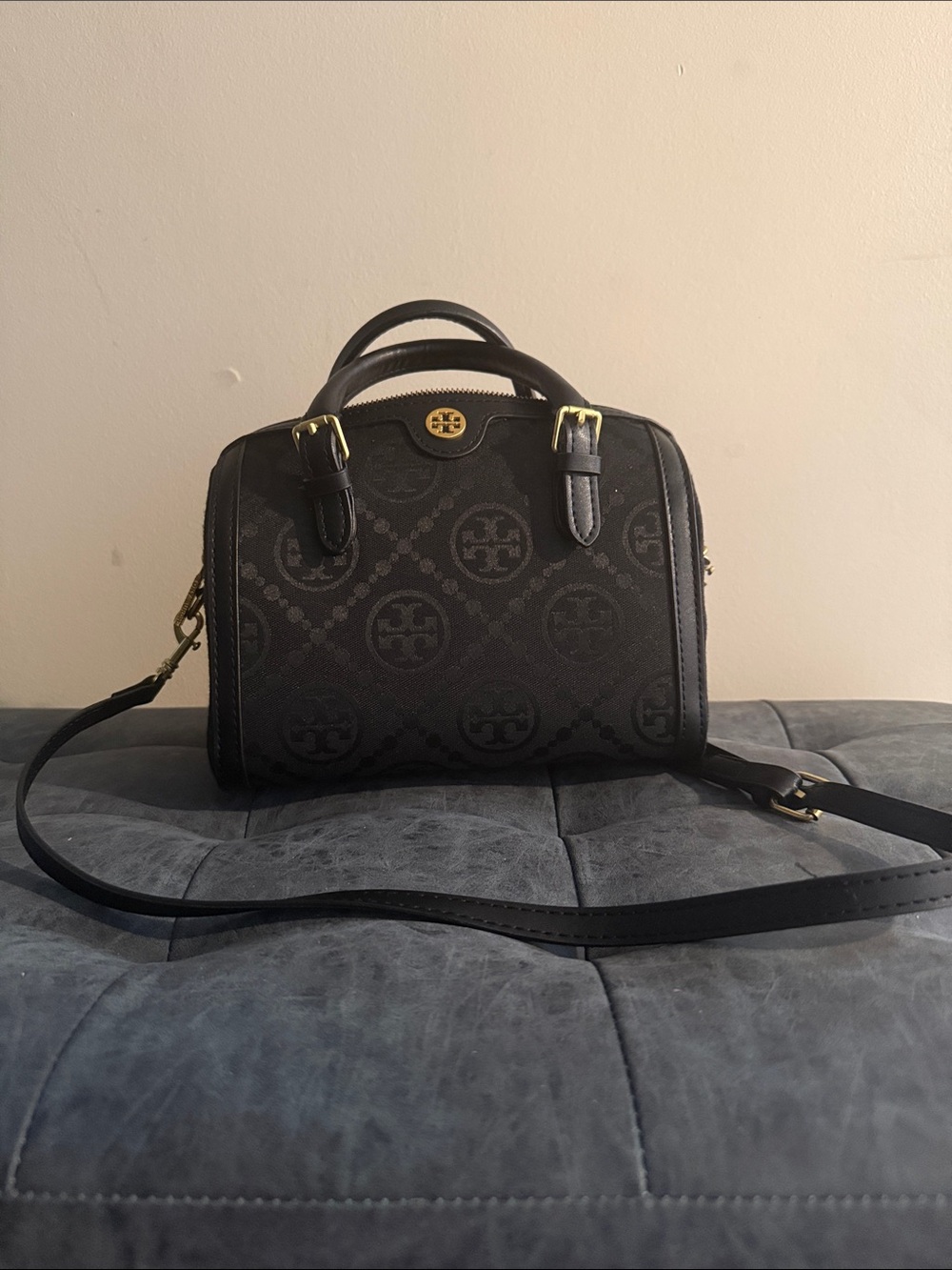 Tory Burch Small Black Logo Monogram Dome Satchel with Gold Hardware